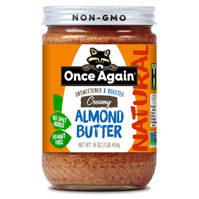 Once Again Almond Butter 16oz Glass Jar / 1 Jar Creamy Natural Almond Butter - Roasted