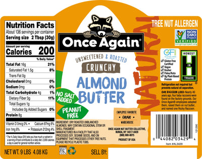 Once Again Almond Butter 9 lbs Bucket / Each Natural Crunchy Almond Butter, Roasted - Salt Free, Unsweetened - 9 lbs