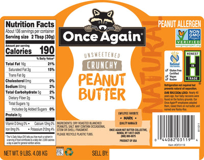 Once Again Nut Butter Peanut Butter 9 lbs Bucket / Each Natural Crunchy Peanut Butter - Lightly Salted, Unsweetened - 9 lbs