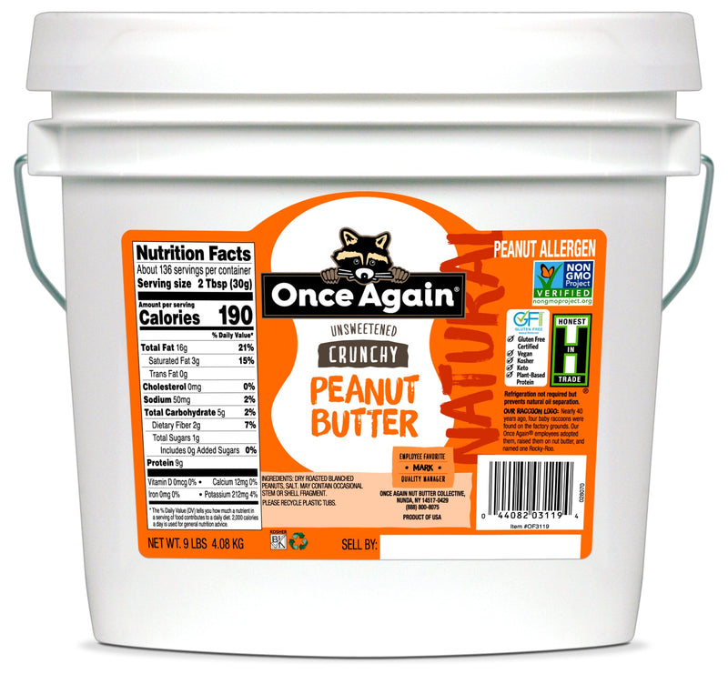 Once Again Nut Butter Peanut Butter 9 lbs Bucket / Each Natural Crunchy Peanut Butter - Lightly Salted, Unsweetened - 9 lbs