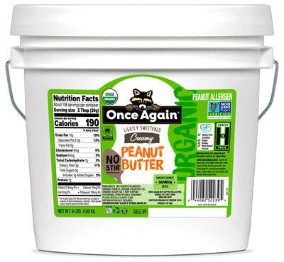 Once Again Peanut Butter 9 lbs Bucket / Each Organic Creamy Peanut Butter - American Classic, No Stir - Lightly Sweetened & Salted - 9 lbs Bucket