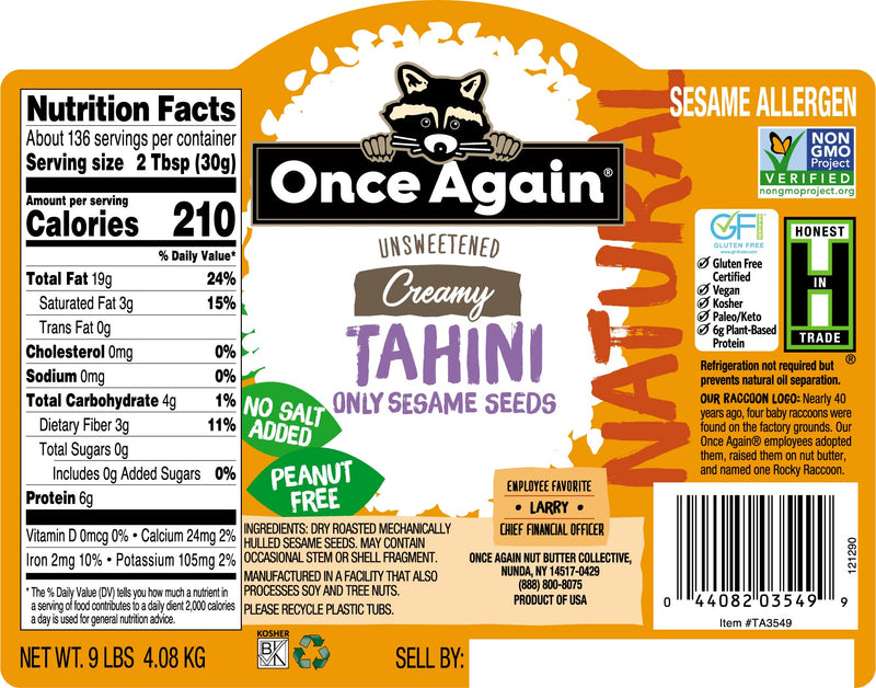 Once Again Tahini 9 lbs Bucket / Each Natural Sesame Tahini - Salt Free, Unsweetened - 9 lbs